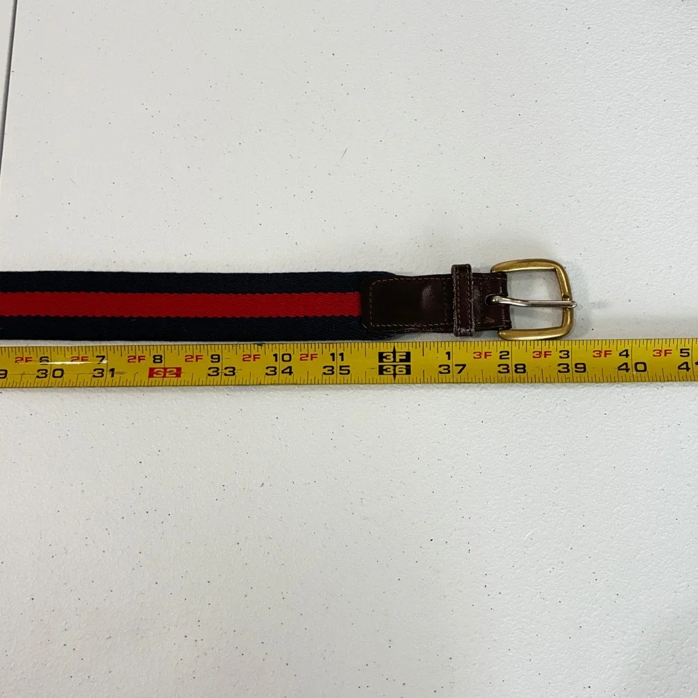 Vtg L.L. Bean Canvas Web Belt Mens 34? Navy Red Striped Leather Preppy Americana